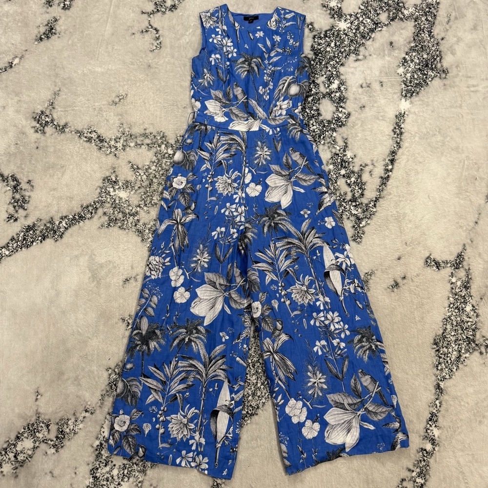 J Crew 100%‎ Linen Tropical Print Wide Leg Jumpsuit Womens Sz 00 Blue Sleeveless